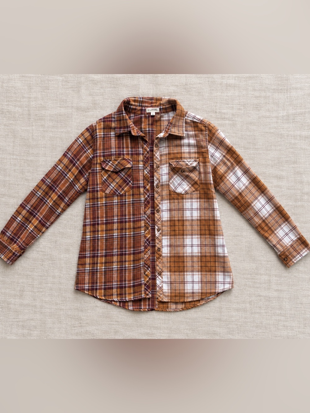 Two Tone Plaid Flannel Shirt Women’s L Fall Brown Orange - Picture 3 of 6
